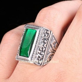 Resim 925 Sterling Silver Pencil Work Green Emerald Stone Mens Ring - US: 14.25 / 73.5 mm / Turk: 33.5 