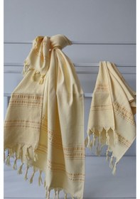 Resim %100 Pamuk Peştemal Saç Havlusu Takımı-plaj Havlusu Seti Sarı 