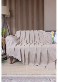 Resim Pamuklu Zikzak Desenli Püsküllü Koltuk Örtüsü 170x210 Cm Dekoratif Ve Çok Amaçlı Bej 