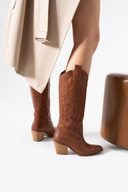 Resim MissPapatya Western Aura Kalın Topuklu Kadın Taba Uzun Kovboy Çizmesi 