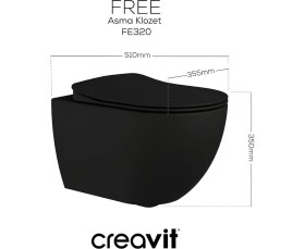 Resim Creavit Free Mat Siyah Kanallı Asma Klozet FE320, Creavit Duck Duroplast Yavaş Kapak 