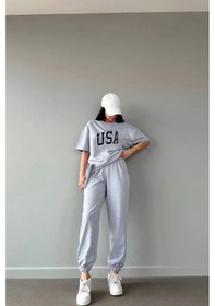 Resim Usa T-shirt Eşofman Altı Jogger- Gri Baskılı Alt Üst Eşofman Takım Oversize Bisiklet Yaka Gri 