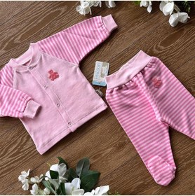 Resim PATSAN Organik Pamuk Penye Bebek Basic Çıtçıtlı Alt Üst Patikli Pijama Takım Çizgili 
