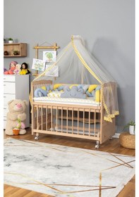 Resim Ahşap Beşik Anne Yanı Beşik Organik 60x120 - Sarı Mavi Örgü Uyku Seti Seti + Yatak + Tekerlekli Ahşap 