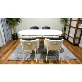 Resim Msy Home 4 Kişilik Aura Gold Serisi Beyaz Lake Oval Yemek Masası Ve Puffy Antrasit Sandalye Takımı Modern Krem-füme 