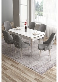 Resim Canisa Tia Serisi Açılabilir Mdf Mutfak Masası Takımı Beyaz Masa Krom Detay 6 Gri Sandalye Masa Beyaz Sandalye Gri 