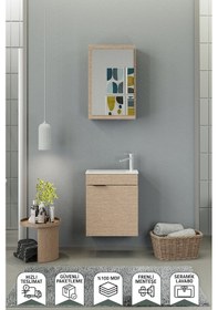 Resim Biani Fix Loft 50 Cm Banyo Dolabı,Seramik Lavabolu, Aynalı,Lavabo Dahil,Mdf,Aybe Bej 