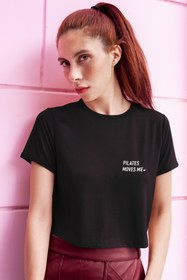 Resim Soul True Kadın Siyah Pamuk Bisiklet Yaka Regular Fit Yarım Kollu Crop Pilates Tasarım Spor Tshirt 