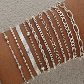 Resim 11 parça Minimalist Snake Chain ve Döndürülmüş Bilezik Seti - Alaşım, Günlük Giyim ve Tatil için Çok Yönlü, Ayarlanabilir Uzunluk, Tüm Mevsim Aksesuarı, Tatil Aksesuarı | Minimalist Bilezik | Alaşım Yapı, Yılan Takı 