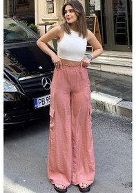 Resim WeShaya Kadın Pudra Beli Lastikli, Kargo Cepli, Bol Paça Kupra Kumaş Palazzo Pantolon - Tesettüre Uygun Pembe 