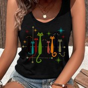 Resim Renkli Kedi Baskılı ve Aplike Detaylı Kadınlar İçin Kolsuz Günlük Tank Top - Nefes Alabilen Yuvarlak Yaka Yazlık İlkbahar Üstü, Orta Esneklikte Makinede Yıkanabilir Görünmez Kumaş, Bayanlar için Tank Tops, Şeffaf Olmayan Malzeme 
