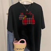 Resim Kadınlar İçin Siyah Scottish Terrier Tişört - Kırmızı Ekoseli Kalpli Sevimli Scotty Köpek Desenli, Yumuşak ve Nefes Alabilen Yazlık Tişört, Köpek Severler İçin Günlük & Parti Kıyafeti - Scotty Sahipleri İçin İdeal Hediye, Eğlenceli Moda, Keyifli Pet Giysisi, Kaliteli Günlük Giysi, Hayvanseverlere Özel 