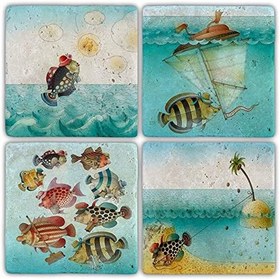 Resim Oscar Stone Decor Taş Bardak Altlığı Balık-Fish - 4 LÜ SET(10 cmx10 cm) 