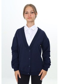 Resim Toontoy Kız Çocuk V Yaka Çıtçıt Kapama Düşük Omuz Örme Okul Hırkası - 2 İplik Lacivert 