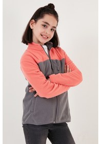 Resim Lela Yumuşak Dokulu Fermuarlı Renk Bloklu Dik Yaka Cepli Hırka Unisex Çocuk Polar 5905001 Somon-Gri 