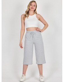 Resim Yüksek Bel Cepli Rahat Kesim Mevsimlik Kadın Diz Altı Bermuda Gri Kapri Şort Gri 
