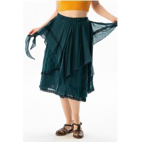 Resim Salkım Vual Dantelli Saçaklı Uzun Yazlık Otantik Etek Petrol Ptrl-petrol Petrol 