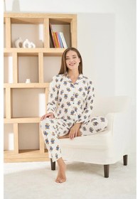 Resim Pijamoni Kadın Berlin Kumaş Önden Düğmeli Ayıcıklı Pijama Takımı - 8851 Ayıcık Beyaz 