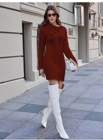 Resim Aqe Fashion Kadın Düğme Detaylı Uzun Kollu Saç Örgü Boğazlı Mendil Yaka Bordo Triko Tunik Elbise Bordo 