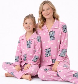 Resim Free Beka Pembe Koala Desenli Uzun Kollu Önden Düğmeli Gömlek Yaka Anne Kız Pijama Takımı Kombin 