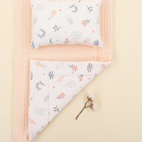 Resim Alt Açma Matı ve Yastık - Çift Taraflı - Somon Örgü - Yeşil Çiçekler 