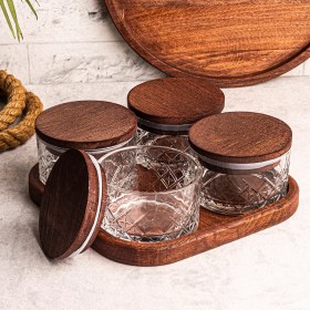 Resim Snippy Milla Kare Tepsili 4'lü Ahşap Vakumlu Kapaklı Cam Kahvaltılık Çok Amaçlı Cam Çerezlik 230 ml 