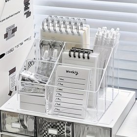 Resim 5 bölmeden oluşan akrilik masa düzenleyici seti, şeffaf çok fonksiyonlu kalemlik, ofis aksesuarları saklama 