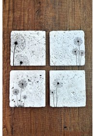 Resim Doğal Taş Bardak Altlığı 4'lü Set 10x10x1 Cm Beyaz Karahindiba Silüeti Desenler Stone Coasters Çok Renkli 