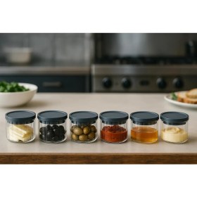 Resim Özgün Ev Borosilikat Cizgili Cam Kahvaltılık Seti - Sızdırmaz Silikonlu Plastik Kapak - 90 x 70 mm (X6)Özgün Ev 