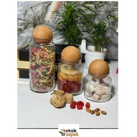 Resim Kapris Ahşap Top Kapaklı 3lü Cam Kavanoz Seti M-b02 Şeffaf 