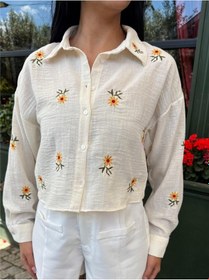 Resim A.sarı Çiçek Nakışlı Kısa Pamuklu Gömlek Açık Sarı 