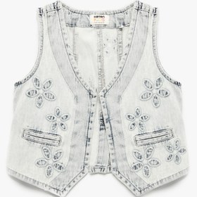 Resim Kız Çocuk Pamuklu Cep Detaylı V Yaka Çiçekli Crop Denim Yelek 
