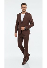 Resim Erkek Slim Fit Mikro Dokulu Takım Elbise Çift Düğmeli Modern Kesim Kahverengi 