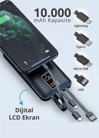 Resim Piranha 9030 LCD Göstergeli 10.000mAh Powerbank Hızlı Şarj / Type-C-USB-iOS Lightning-Micro USB Çoklu Kablo 