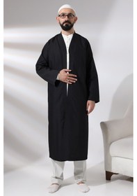 Resim Siyah Erkek Namaz Elbisesi V Yaka Düğmesiz Önü Açık Namaz Cübbesi 001 