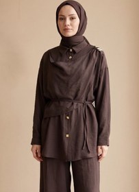 Resim adamila Kadın Kahverengi Tesettür İkili Takım Omuz Detaylı Kuşaklı Oversize Rahat Kesim Günlük Klasik Komb 