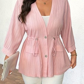 Resim Plus Beden Kadınlar için Şık Pembe Dokulu Kumaş 3/4 Kol Blazer Ceket - A Kesim Silüet, Ayarlanabilir Bel Bağcıklı, Hafif Makinede Yıkanabilir Her Mevsime Uygun Üst Giyim, Saydam Olmayan Kumaş 