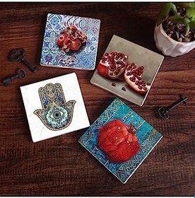 Resim Nar, Fatma Ana Eli (Hamsa) Taş Bardak Altlığı Seti - 4 Parça - Dekoratif, Rustik Mutfak Aksesuarı, 10x10 cm, Kaydırmaz Tabanlı, Şık ve Dayanıklı SC192 