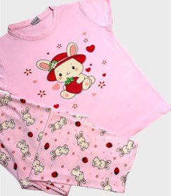 Resim Aliş Kids Anne-kız Çocuk Pamuklu Pembe Tavşan Desenli Kısa Kollu Bisiklet Yaka Yazlık Pijama Takımı 