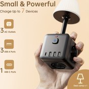 Resim Güç Küpü ve Masa Lambası | 8'i 1 Arada Çoklu Cihaz Şarj İstasyonu | 3 AC Prizi, 4 USB Portu (USB-C Dahil) | Aşırı Gerilim Koruması | Kompakt & Taşınabilir | Ofis, Yurt & Ev Kullanımı İçin İdeal | Şık Siyah Tasarım 