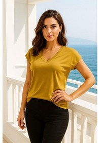 Resim Kadın Hardal Viskon V Yakalı T-shirt Kısa Kol Rahat Kesim Bluz Çok Renkli 