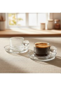 Resim Line Çizgi Desen Cam 6 Kişilik Tabaklı Duble Türk Kahvesi Espresso Fincan Seti - 6 X 100 Ml Şeffaf 