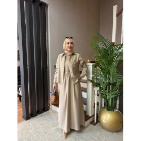 Resim Esra Butik Bej Renk Pamuklu Tensel Kumaş Tunikli Tesettür Elbise Takımı 