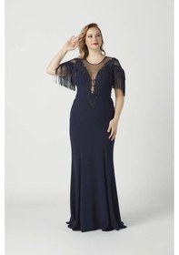 Resim Moda Berray 8009 Işlemeli Püsküllü Büyük Beden Uzun Abiye Lacivert Lacivert 