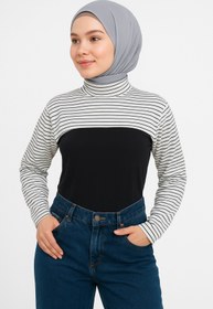 Resim mirach Beyaz Çizgili Dik Yaka Boyunluklu Kolluk Penye Pamuk Kadın Tesettür Boyunluk Siyah Beyaz 