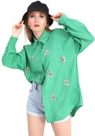 Resim VELİZADE Kadın Yeşil Göz Nakışlı %100 Keten Gömlek Oversize Salaş Kesim Boyfriend Tesettür 