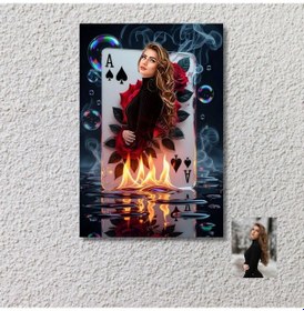 Resim Kişiye Özel Maça Ası Tasarımlı 20x28 Cm Mdf Poster Alev Ve Su Efektiyle Özel Fotoğraf Baskısı 