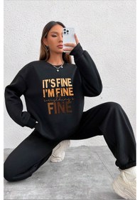 Resim Unisex Fine Baskılı Bisiklet Yaka Eşofman Takımı Siyah 