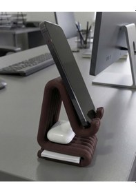 Resim Masaüstü Kaymaz Taban Telefon Ve Tablet Standı - Kulaklık Ve Not Kağıdı Bölmeli-kiremit Kahverengi 