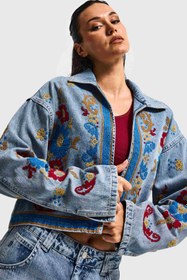 Resim Kadın Kot Rengi 3s6-32 Bol Kesim Özel Nakış Desenli Tasarım Denim Ceket - Kot Rengi / S 